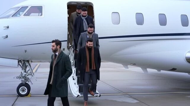 Passengers disembarking from a private jet onto the tarmac with a black SUV nearby, showcasing luxury travel and executive transportation