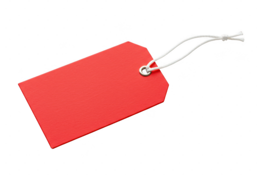 A red tag with a white string attached on a black background in a studio shot isolated on transparent background