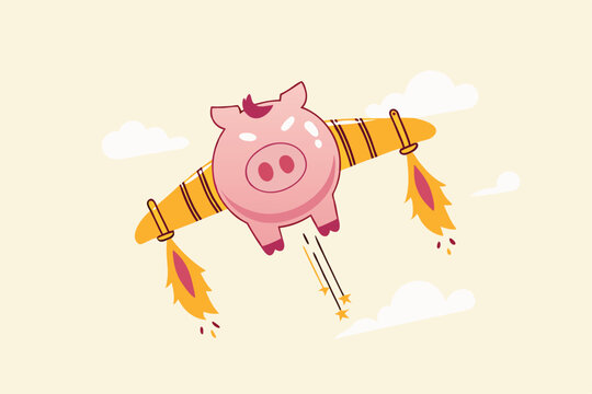 Boost financial earning or income, get rich fast or high growth investment, business opportunity or salary rising up concept, pink piggy bank with rocket booster wing flying fast high up in the sky.