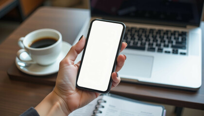 Businesswoman's Hand Holding Smartphone Office Setting Digital Interaction Professional Environment Close-up Perspective