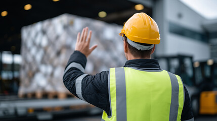 Freight loader waves to pilot while cargo is secured into aircraft hold.
