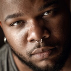 Fototapeta premium Intimate close-up of a plus-size man with piercing eyes and natural skin texture, artistic lighting
