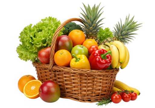 Wicker basket of fresh fruits and vegetables isolated on transparent background
