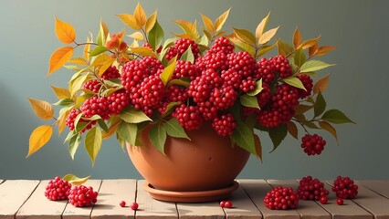 A rustic terracotta pot filled with vibrant red viburnum berries and golden autumn leaves, set on a wooden table against a muted blue background.
