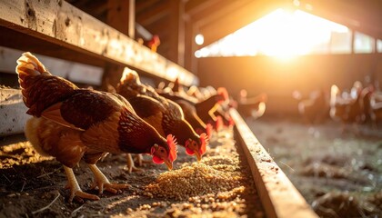Wide angle shot of chickens feeding on farm ground du sunset inside poultry farm with sunlight shining