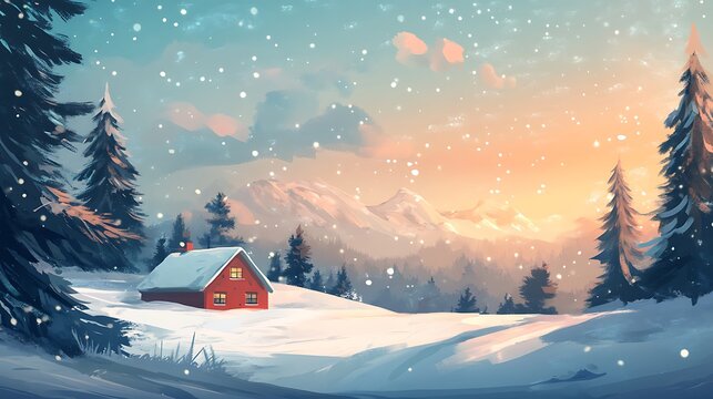 Snowy winter landscape with a small red house. - Powered by Adobe