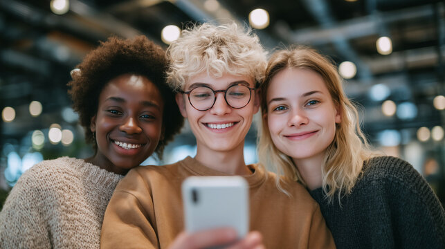 Three smiling young friends having a video call on a smartphone, a man and two women looking at the camera in an office.