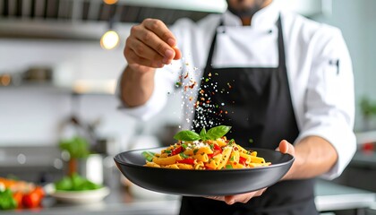Chef in professional kitchen adding colorful seasoning to pasta dish on black plate with modern kitchen background
