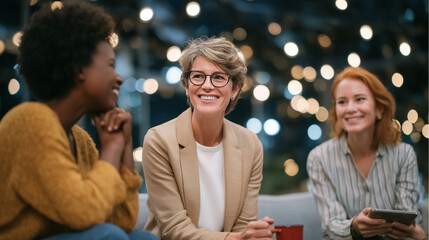 Three diverse business women, smiling and chatting in an office environment with modern decor. They hold phones or coffee cups while engaged in conversation.