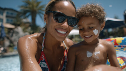 Mom applies sunscreen on childâs nose at poolside, colorful floaties and laughter in the background.