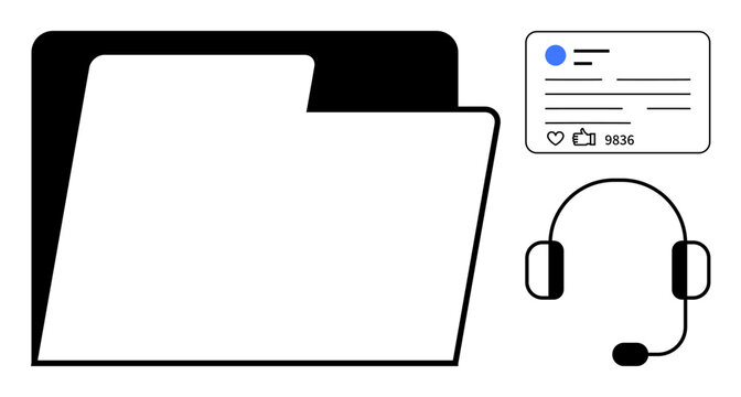 File folder for document storage, social media profile with engagement stats, headset for communication. Ideal for teamwork, customer service, data organization, social media, remote work, content