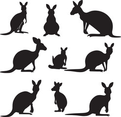 Kangaroo Silhouette Vector Art: Black and White Illustration of Australian Wildlife, Marsupials, and Animals in Various Poses for Graphic Design