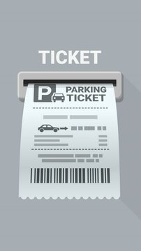 Animation of a parking ticket coming out of the slot of a metallic automatic machine in flat design style (portrait)