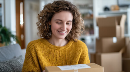 Young woman unboxes package at home, surrounded by open cardboard boxes and branding tape, e-commerce and unboxing trend concept.