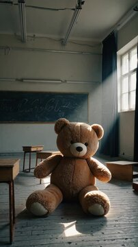 Ours en peluche g&eacute;ant assis seul dans une vieille salle de classe vide

