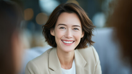 Obraz premium A close-up portrait of an attractive woman in her late thirties, smiling warmly at the camera during a business meeting with two other women.