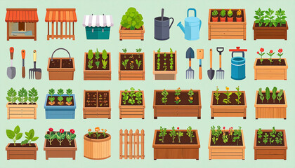 Fototapeta premium Colorful illustration of various gardening tools, planters, and growing plants, displayed against a light green background