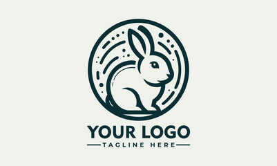 Minimalist rabbit sitting inside circular emblem in side profile, stylized animal icon. Nature concept
