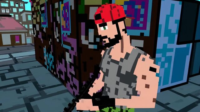 Personnage pixel art arm&eacute; en profil devant mur de graffitis color&eacute;s


