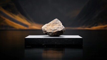 Grey Rock on Dark Platform with Calm Water Background
