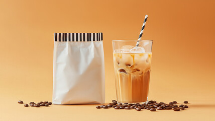 Realistic product scene with elegant white pouch featuring black stripes