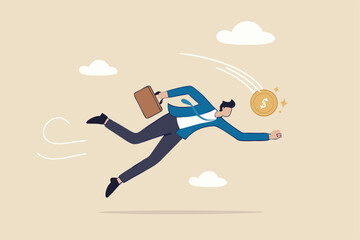 Investment opportunity, catching bargain stock or mutual funds, grab winning profit or earning concept, businessman jump to catch golden money coin with baseball catcher glove.