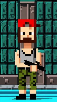 Personnage pixel art arm&eacute; avec casquette rouge dans un d&eacute;cor r&eacute;tro de jeu vid&eacute;o

