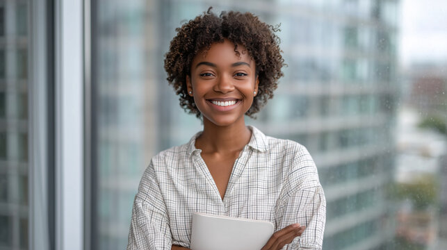 A portrait of an African American woman in her late twenties, smiling and holding books with one hand while standing against the glass wall outside a modern office building. 