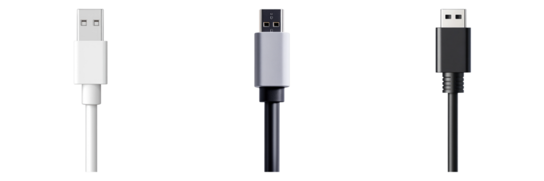 Three different colored USB cables are shown side by side