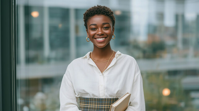 A Black woman with short hair smiles while holding an open notebook in front of her chest, wearing a white blouse and plaid skirt, standing against the glass window overlooking city buildings. 