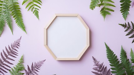 Octagonal wooden frame surrounded by fern leaves on a pastel background.