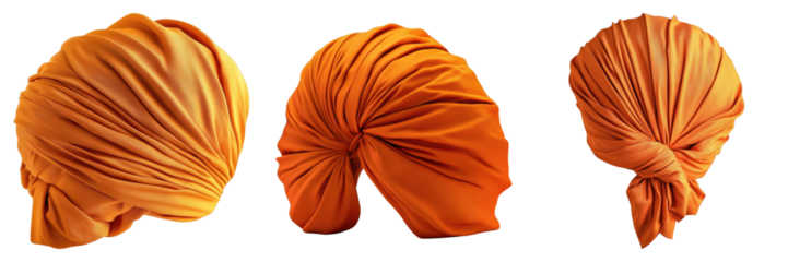Three orange turbans are shown in a row