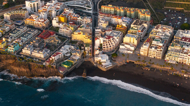 Aerial view of puerto naos town with beautiful beach and historic buildings, La Palma Island, Canary Islands, Spain.