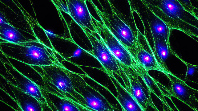 Fluorescent fibroblast cell culture showing bright blue nuclei and green cytoskeleton under microscope light
