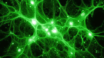 Fibroblast cell network glowing green under microscope showing detailed cell structure and biological connections