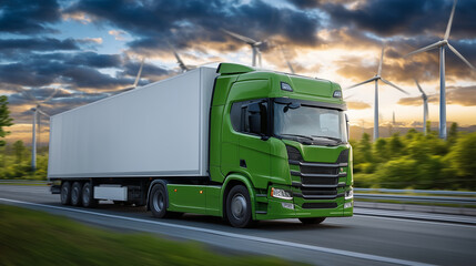 Green cargo truck glides along sunlit highway flanked by fields of wind turbines, symbolizing sustainable logistics and clean energy supply chains.