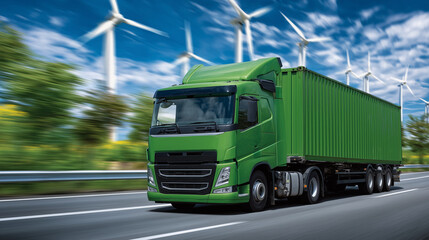 Green cargo truck glides along sunlit highway flanked by fields of wind turbines, symbolizing sustainable logistics and clean energy supply chains.