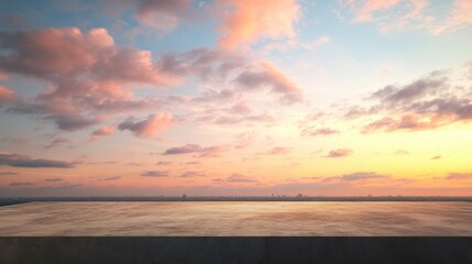 Asphalt road platform and sky sunset clouds background.