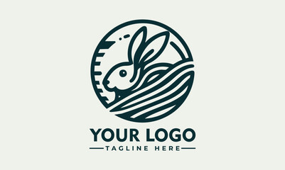 Minimalist rabbit sitting inside circular emblem in side profile, stylized animal icon. Nature concept
