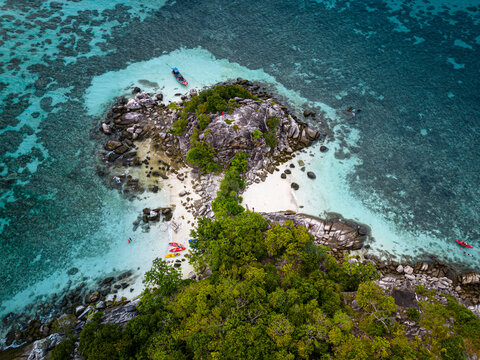 Aerial view of beautiful Ko Kla island with turquoise waters and clear beaches, Koh Lipe island, Thailand.