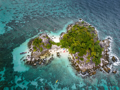 Aerial view of tropical Ko Kla island with beautiful turquoise water and serene beach, Koh Lipe island, Thailand.