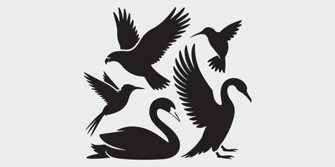 Black Bird Vector Silhouette Set in White Background