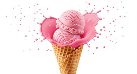 Two scoops of pink ice cream in a cone with a splash on a white background