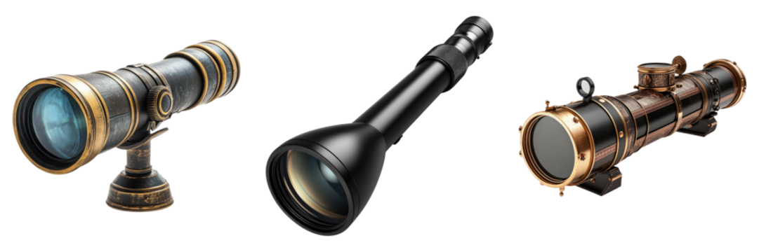 Three telescopes are shown, one of which is a large, black one