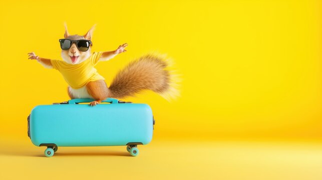 Squirrel with sunglasses and suitcase ready for travel on a bright yellow background