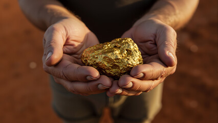 Hands cupping gold nuggets. Gold prospecting and mining in Western Australia. Wealth and discovery concept.
