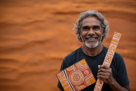 Portrait of Indigenous Australian man with traditional painted clapstick. Aboriginal art and culture from Western Australia. WA Day.