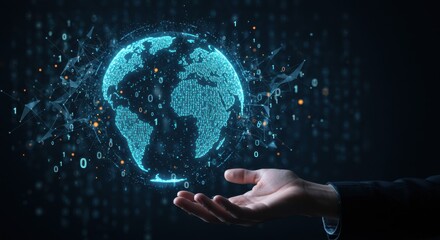 Hand holding digital globe with binary code and network connections
