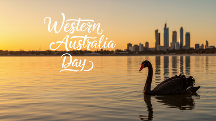Western Australia Day design with Perth skyline cityscape and black swan at sunset. WA Day greeting card. Scenic WA capital. Symbol of Western Australia