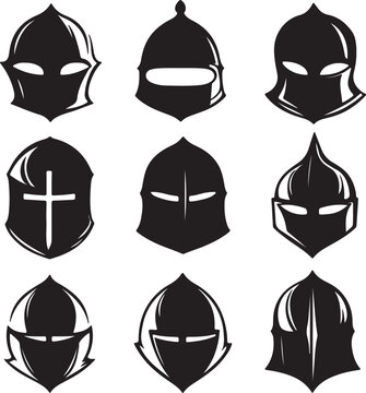 Medieval Knight Helmet Vector Set: Black and White Illustration of Armor Headgear for Historical, Fantasy, and Gaming Designs